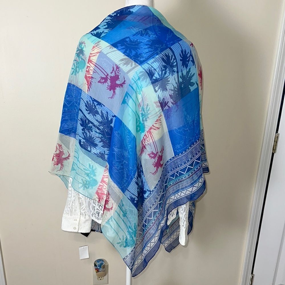 kensie Blue Pink Green White Sheer Square Patch Tropical Print Square Scarf Wrap